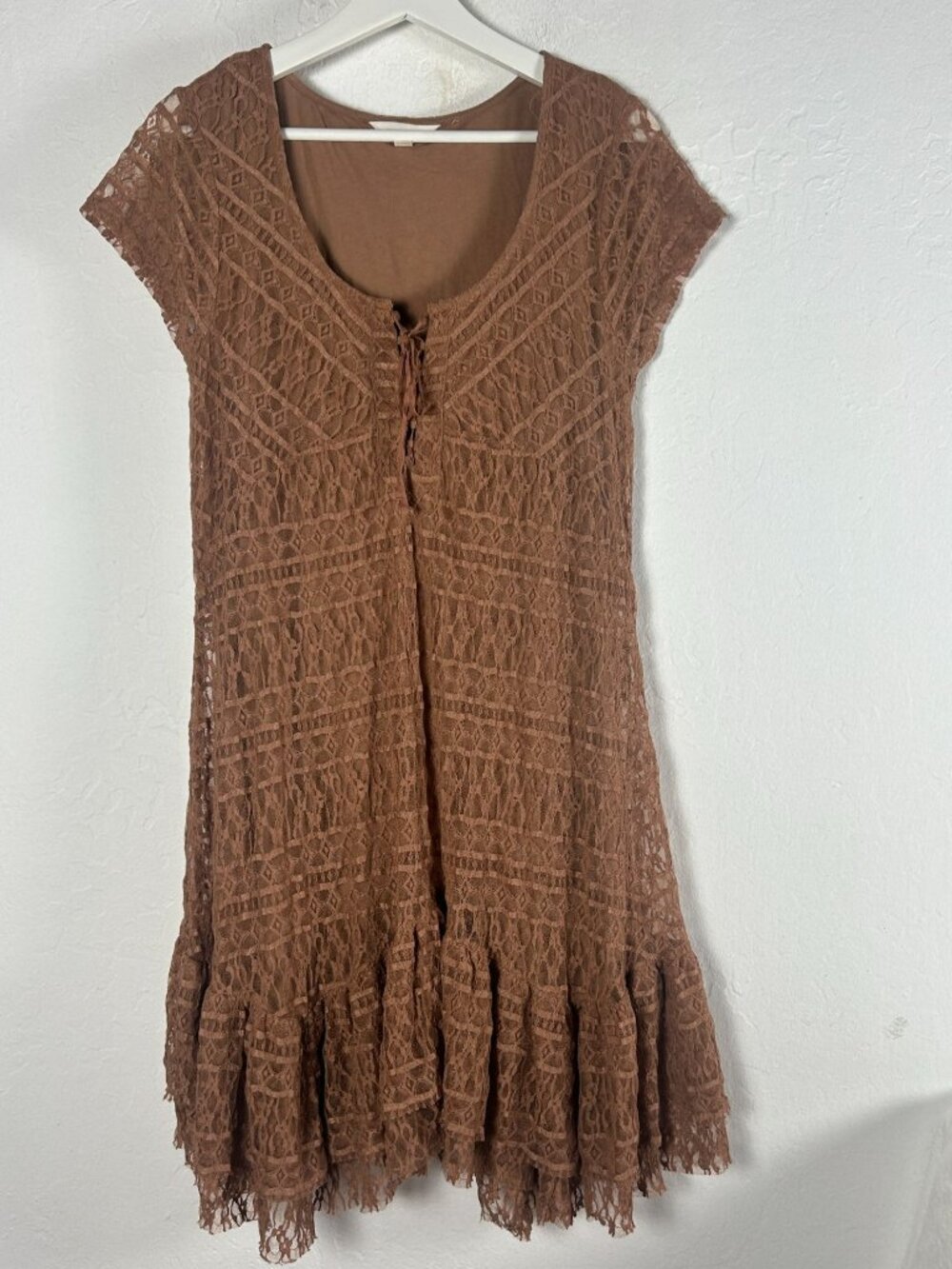 Lucky Brand Womens Lace Short Sleeve Mini Dress Medium Brown Ruffle Hem Boho